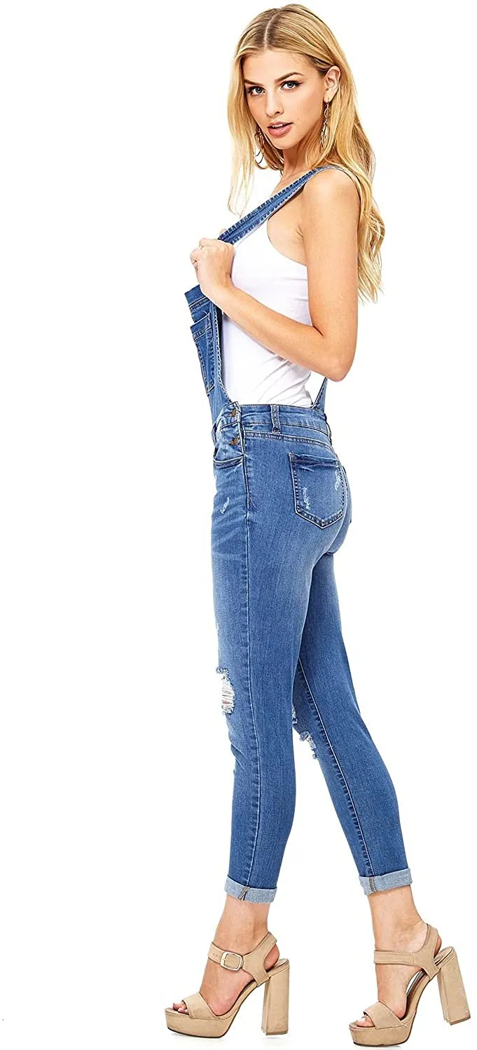 Wax Jeans Women's Distressed Skinny Overalls with Rolled Cuffs