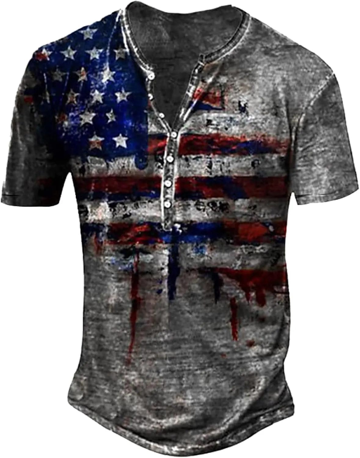 WENKOMG1 Mens Henley Shirt,Washed USA Flag Star and Stripes Streetwear Short Sleeve Retro Style Patriotic Distressed Top