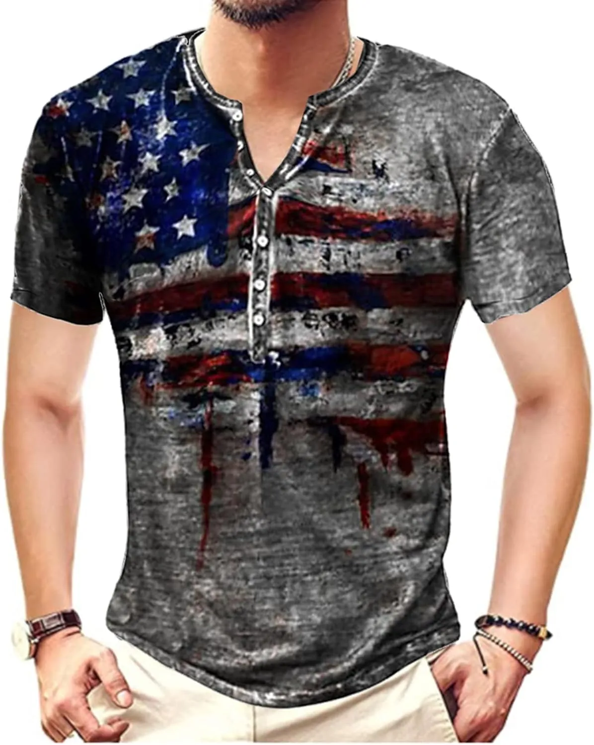 WENKOMG1 Mens Henley Shirt,Washed USA Flag Star and Stripes Streetwear Short Sleeve Retro Style Patriotic Distressed Top