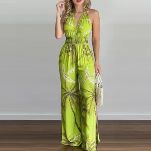 Wenkouban Ladies Fashion Print Sexy V-Neck Suspenders Open Back Casual Long Street Loose Big Swing, Jumpsuit  Tie Dye Jumpsuit  For Women