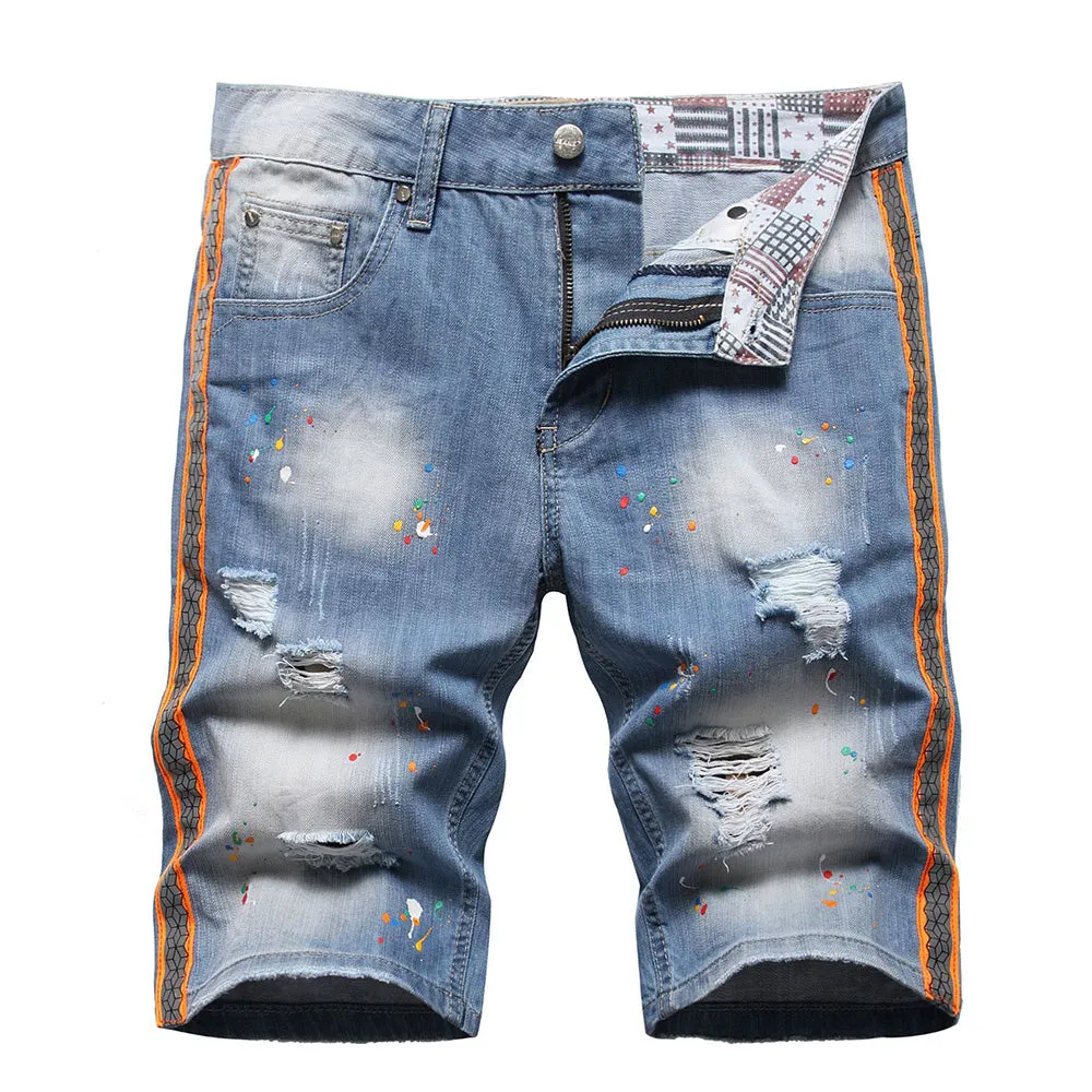 West Louis™ Neon Side Stripe Painted Holes Ripped Distressed Jeans Short