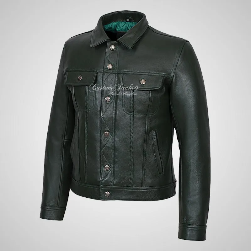 WEST Trucker Leather Jacket Cowhide Denim Biker Shirt Jacket