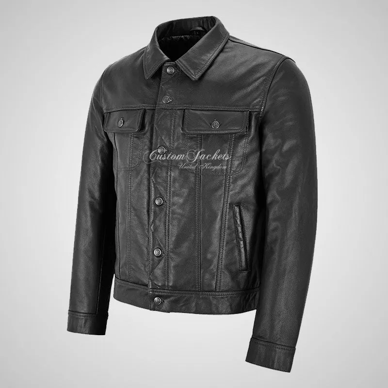 WEST Trucker Leather Jacket Cowhide Denim Biker Shirt Jacket