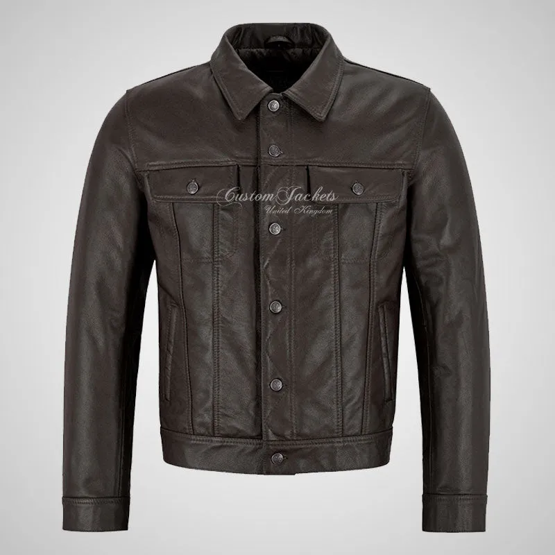 WEST Trucker Leather Jacket Denim Biker Leather Jacket Brown