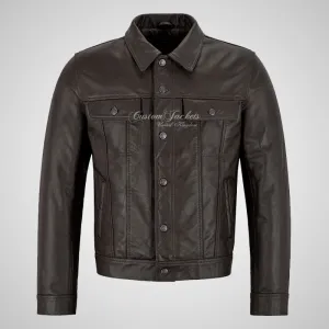 WEST Trucker Leather Jacket Denim Biker Leather Jacket Brown