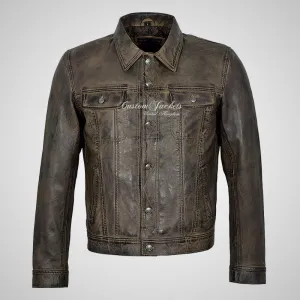 WEST Trucker Leather Jacket Denim Style Vintage Waxed Shirt Jacket
