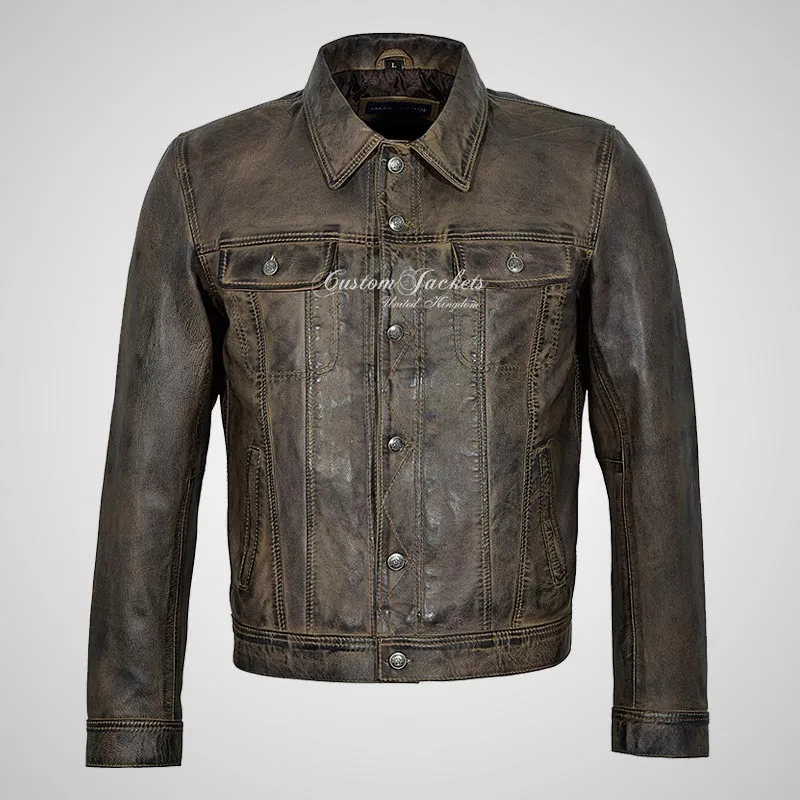 WEST Trucker Leather Jacket Denim Style Vintage Waxed Shirt Jacket