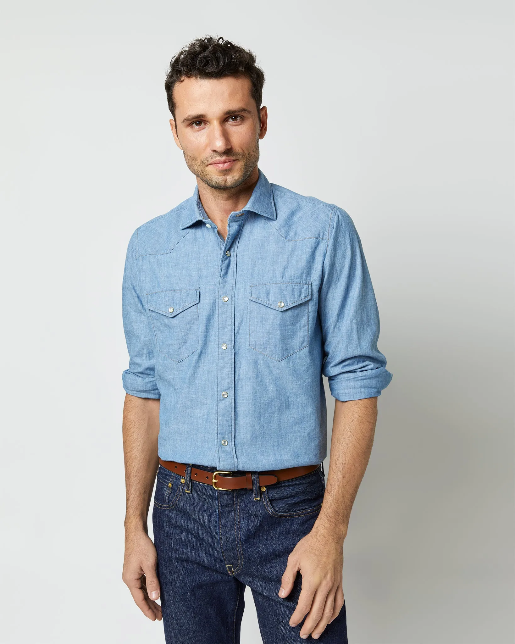 Western Work Shirt in Extra Light Washed Indigo Chambray