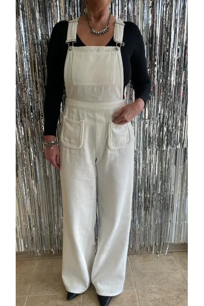 White Demin Overalls with Pockets and Braided Detail