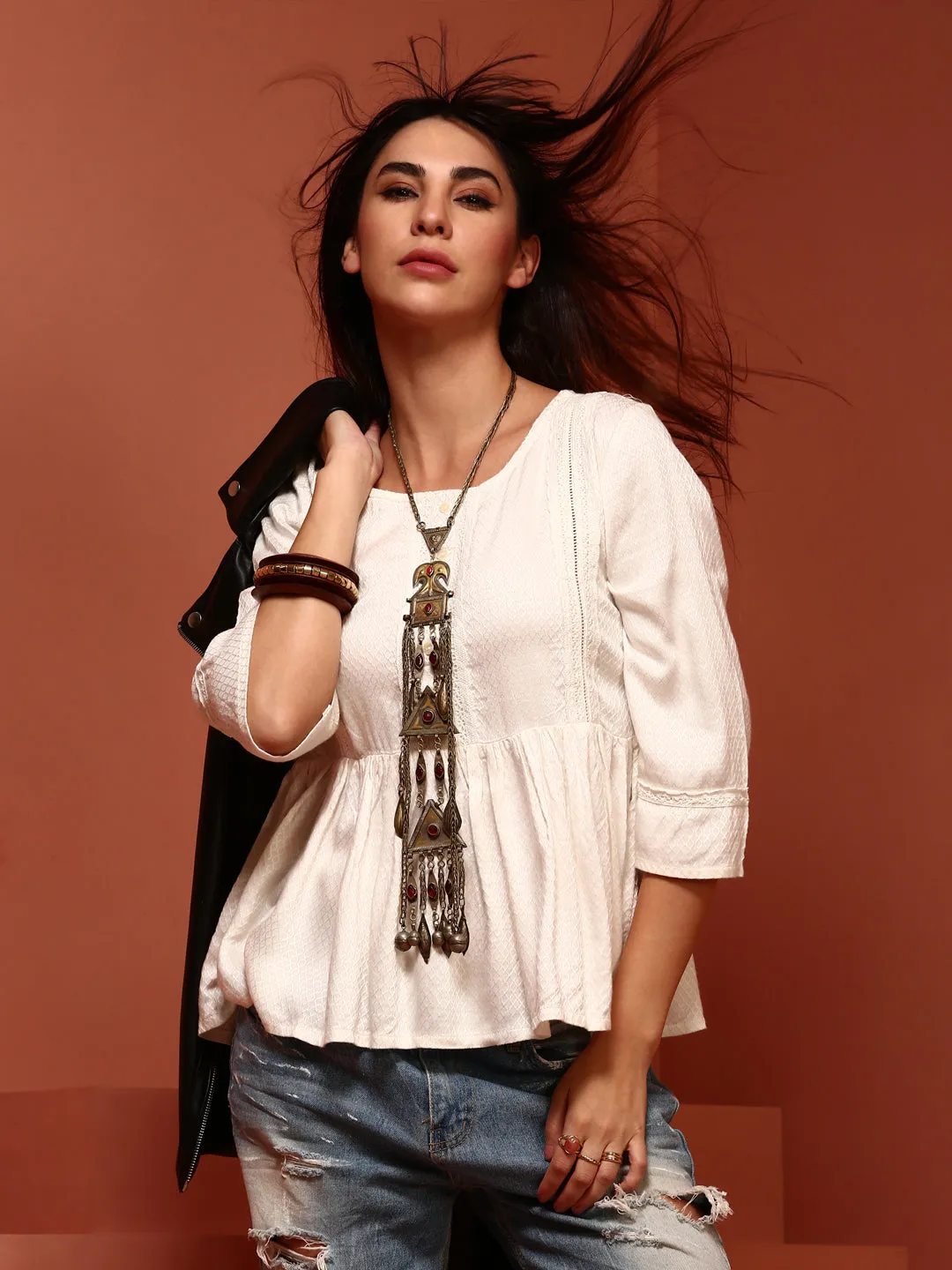 White Solid Chikankari Flared Top