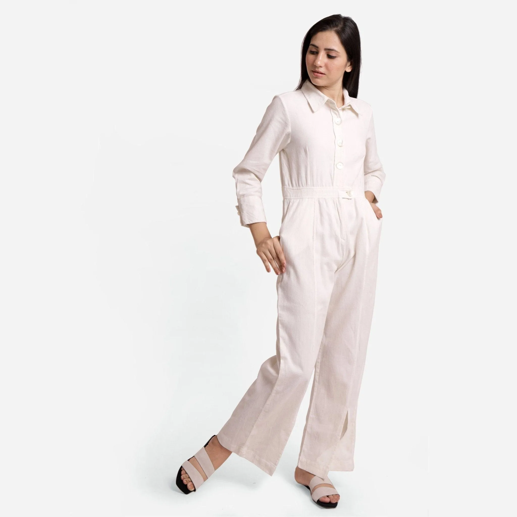 White Warm Cotton Corduroy Ankle Length Overalls