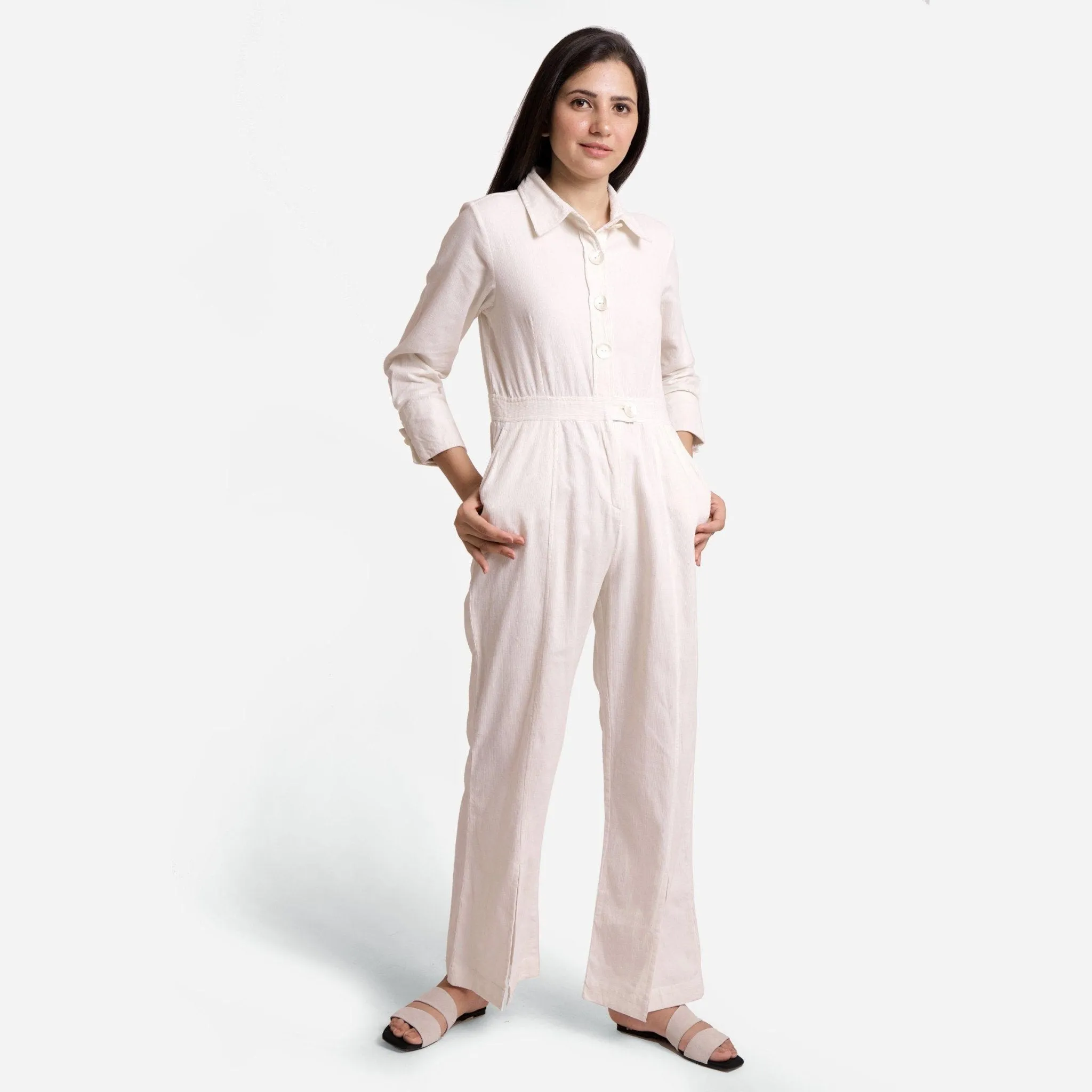 White Warm Cotton Corduroy Ankle Length Overalls