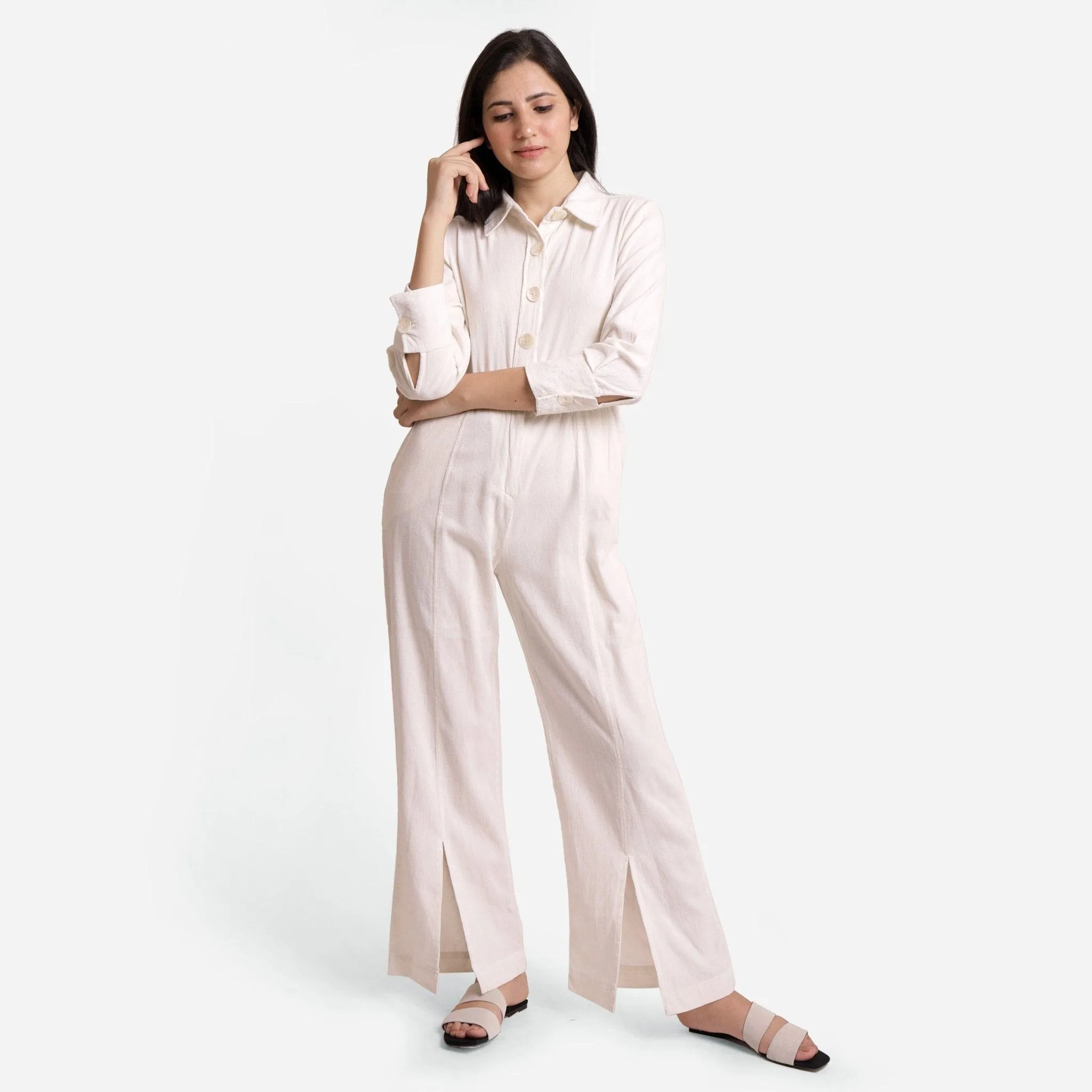 White Warm Cotton Corduroy Ankle Length Overalls