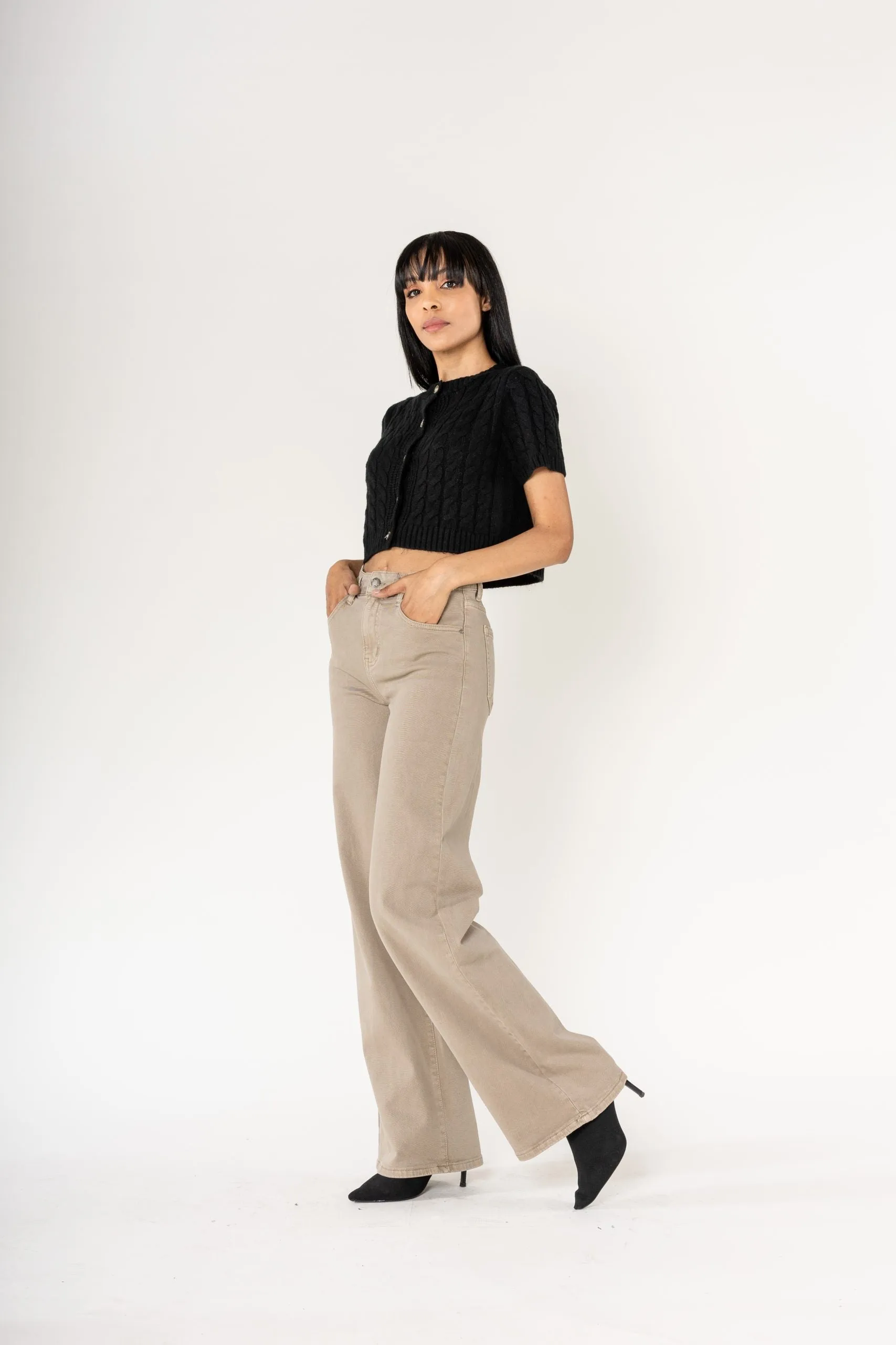 Wholesale Beige High Waist Wide Leg Flare Jeans