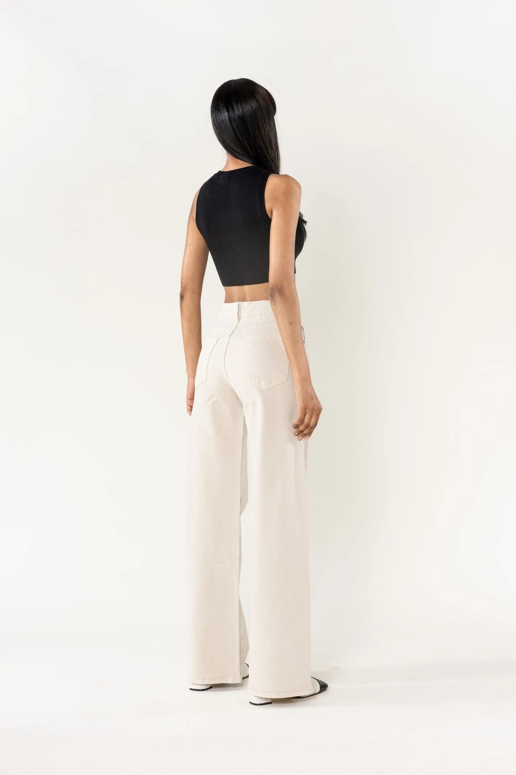 Wholesale Mole High Waist Wide Leg Flare Jeans Cream