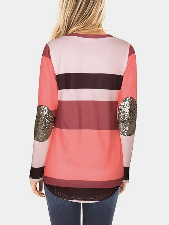 Wholesale Pink Round Neck Long Sleeve Stripe Sequins Embellished Curved Hem T-Shirts