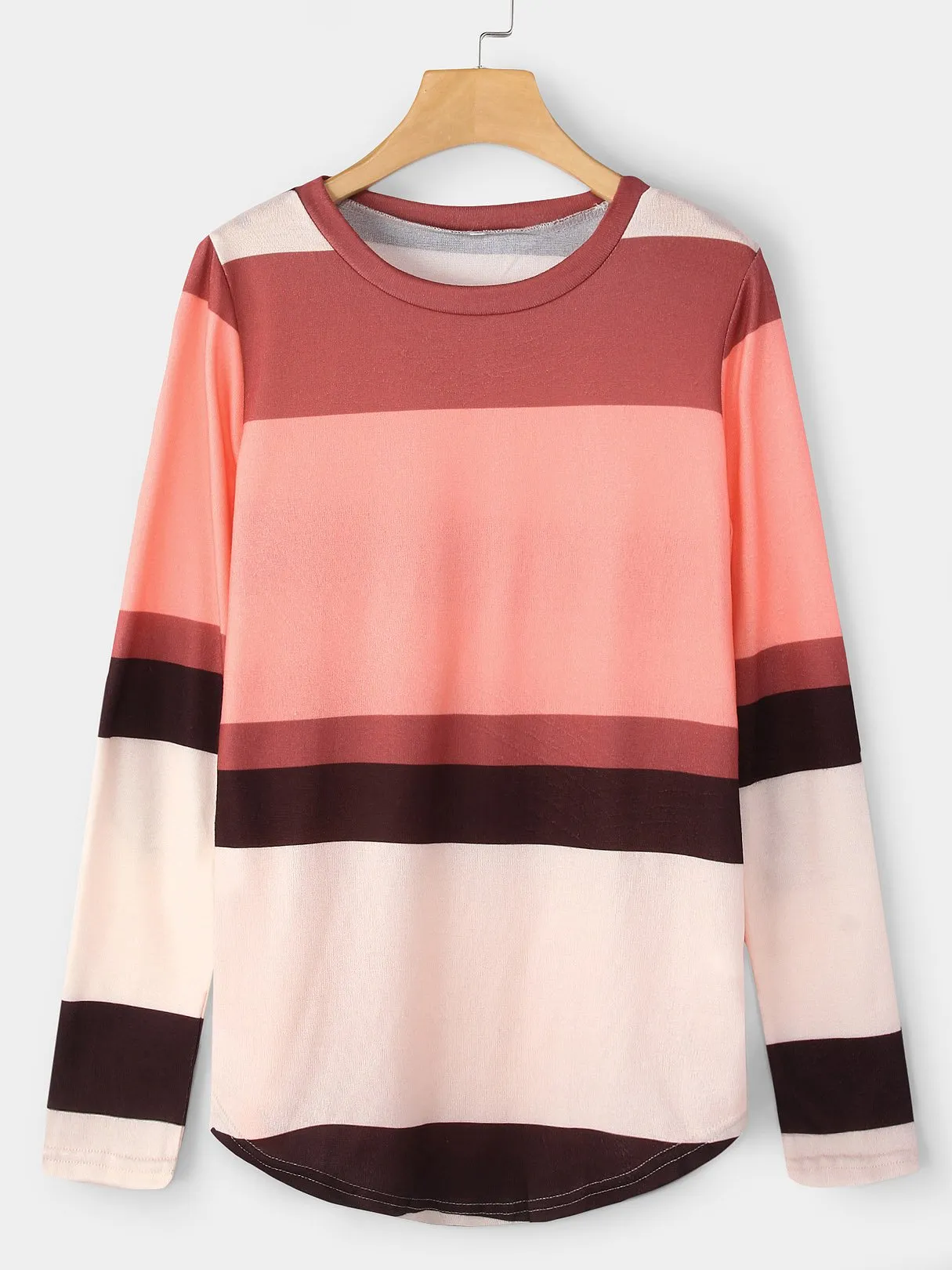 Wholesale Pink Round Neck Long Sleeve Stripe Sequins Embellished Curved Hem T-Shirts