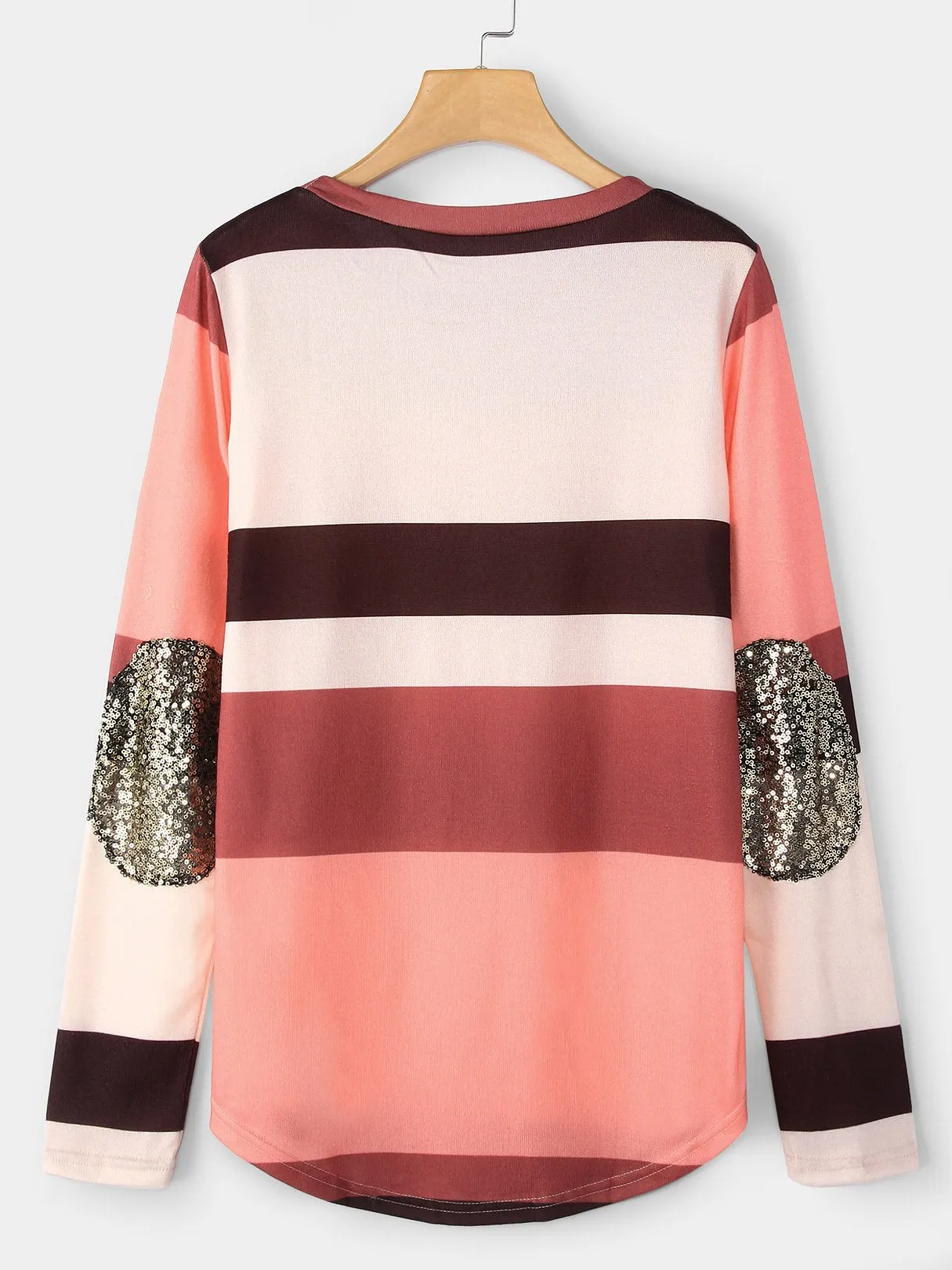 Wholesale Pink Round Neck Long Sleeve Stripe Sequins Embellished Curved Hem T-Shirts
