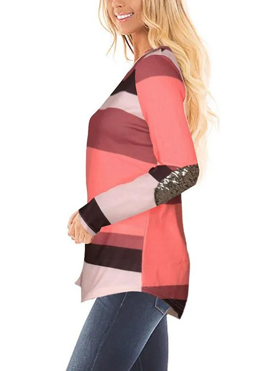 Wholesale Pink Round Neck Long Sleeve Stripe Sequins Embellished Curved Hem T-Shirts