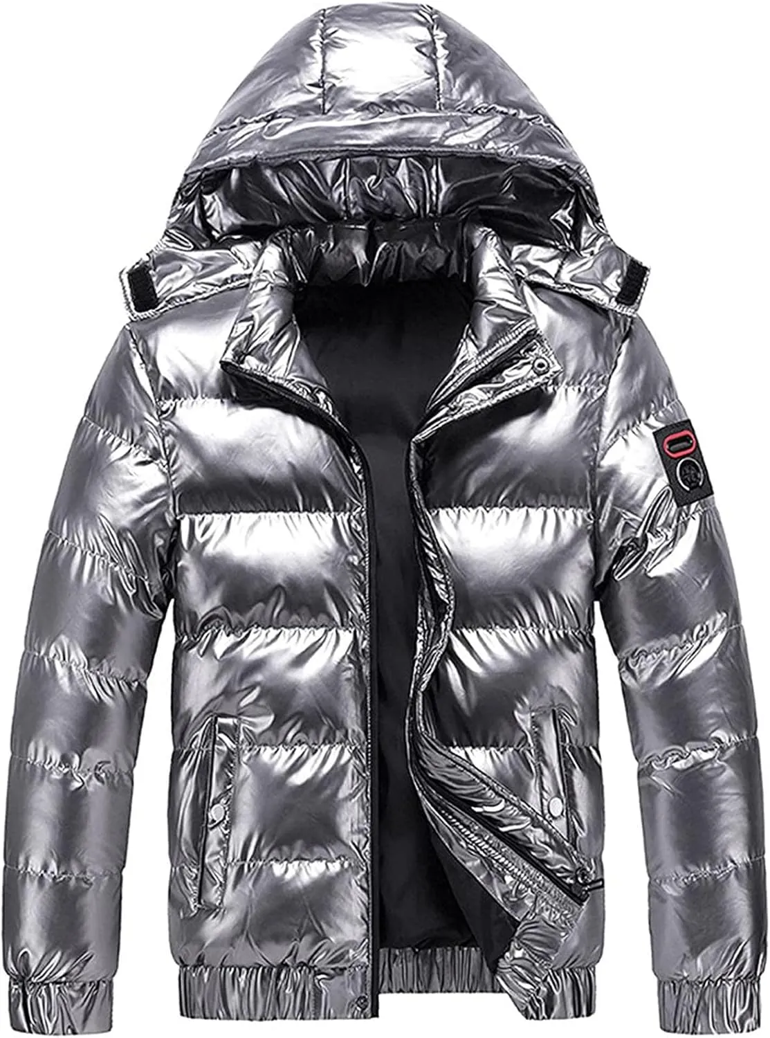 Winter Warm Men Puffer Coat with Fur Hood,Shiny Hooded Reflective Padded Coat Plus Size Bomber Alternative Down Jacket