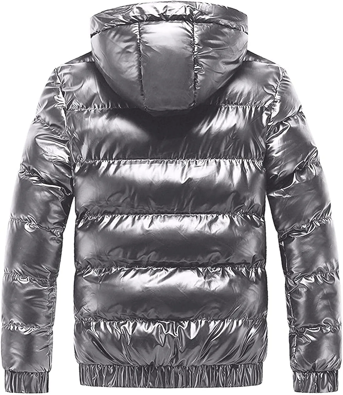 Winter Warm Men Puffer Coat with Fur Hood,Shiny Hooded Reflective Padded Coat Plus Size Bomber Alternative Down Jacket