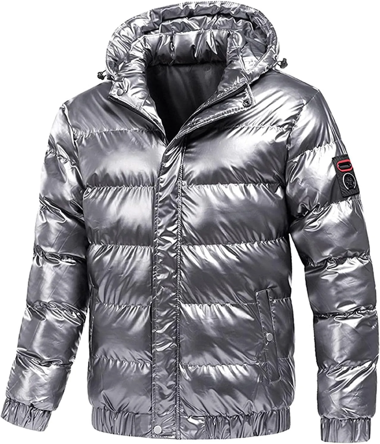 Winter Warm Men Puffer Coat with Fur Hood,Shiny Hooded Reflective Padded Coat Plus Size Bomber Alternative Down Jacket