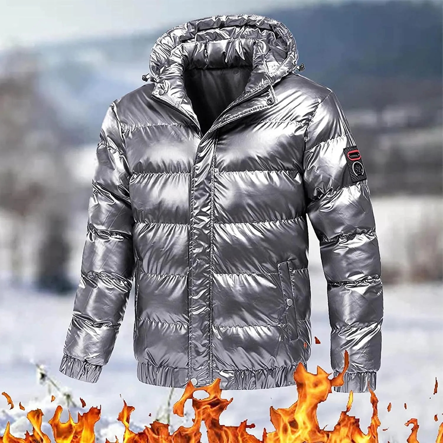 Winter Warm Men Puffer Coat with Fur Hood,Shiny Hooded Reflective Padded Coat Plus Size Bomber Alternative Down Jacket