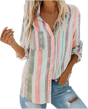 Women Button Down Shirts Cotton Linen Casual Collar Blouses Stripes Long Sleeve Shirts Comfy Fall Outfits 2024