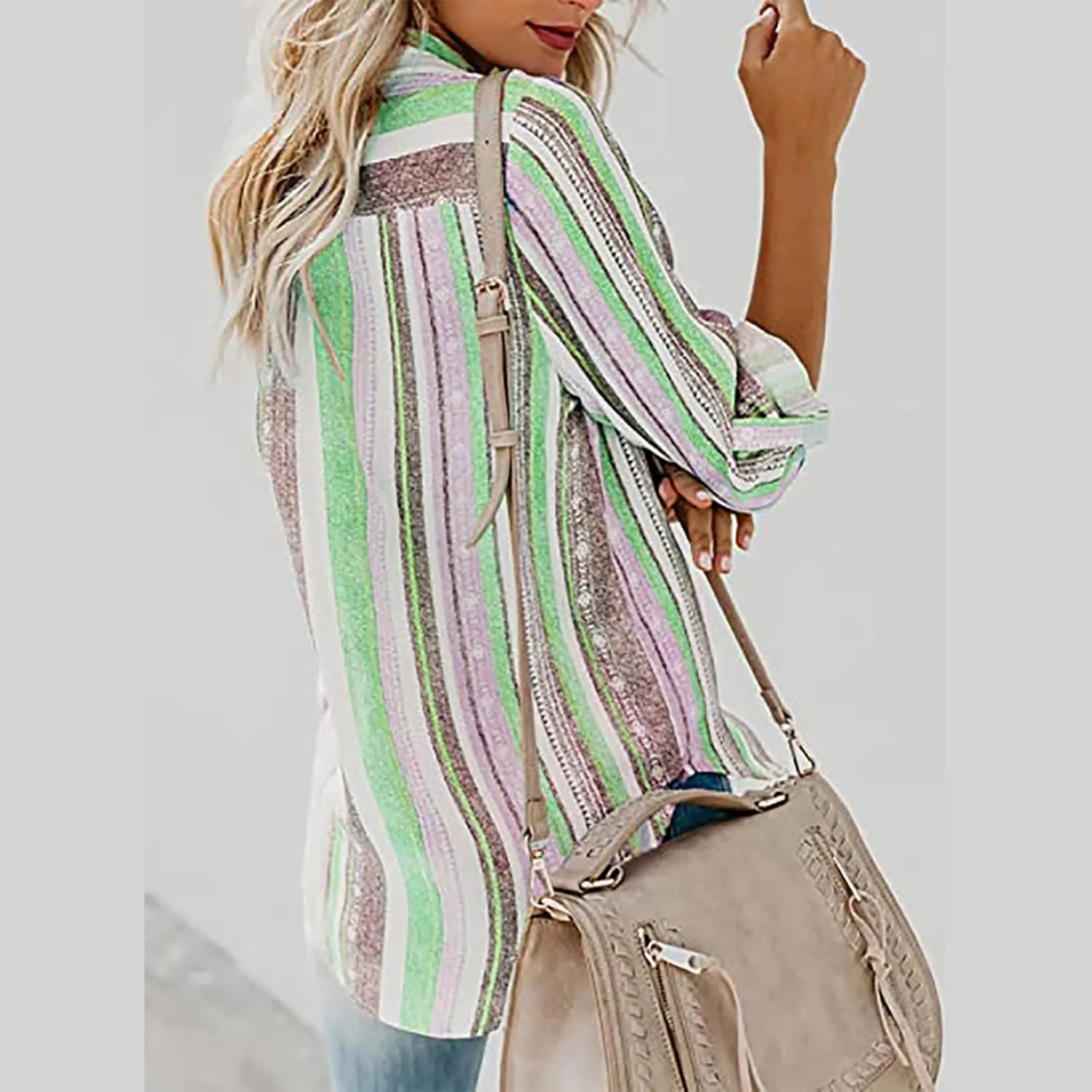 Women Button Down Shirts Cotton Linen Casual Collar Blouses Stripes Long Sleeve Shirts Comfy Fall Outfits 2024