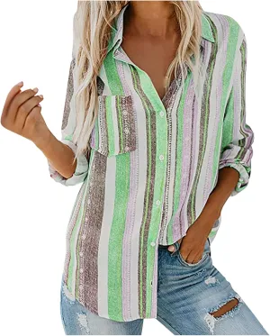 Women Button Down Shirts Cotton Linen Casual Collar Blouses Stripes Long Sleeve Shirts Comfy Fall Outfits 2024