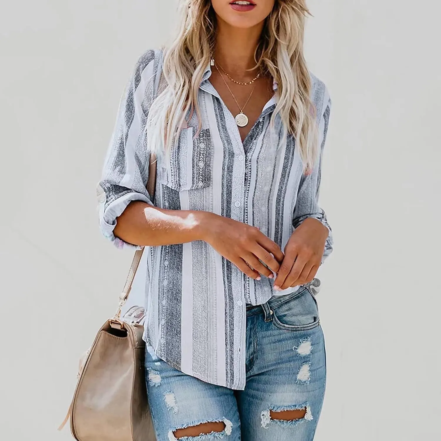 Women Button Down Shirts Cotton Linen Casual Collar Blouses Stripes Long Sleeve Shirts Comfy Fall Outfits 2024