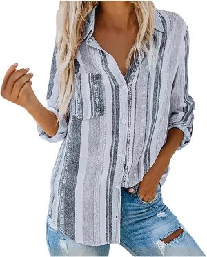 Women Button Down Shirts Cotton Linen Casual Collar Blouses Stripes Long Sleeve Shirts Comfy Fall Outfits 2024