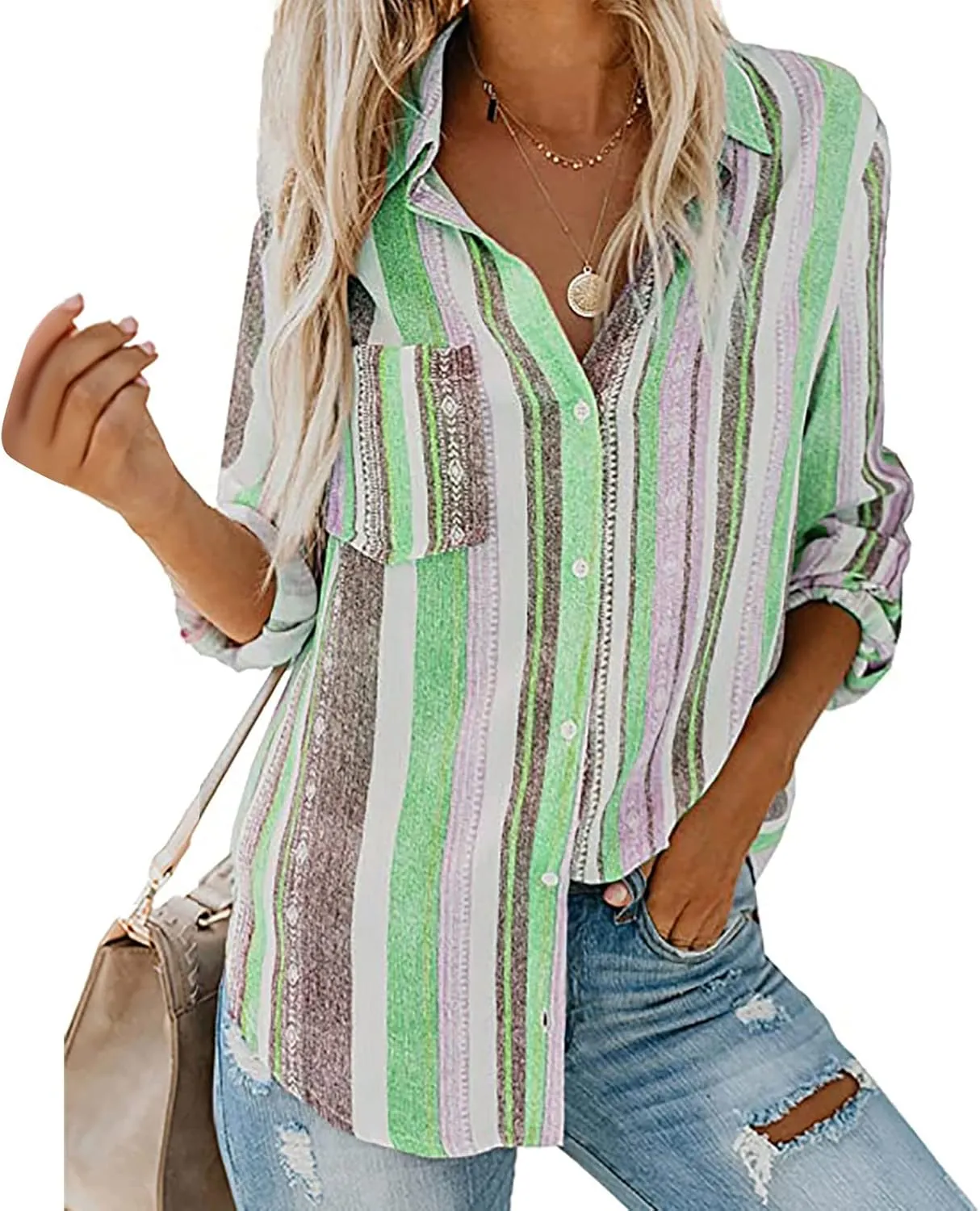 Women Button Down Shirts Cotton Linen Casual Collar Blouses Stripes Long Sleeve Shirts Comfy Fall Outfits 2024