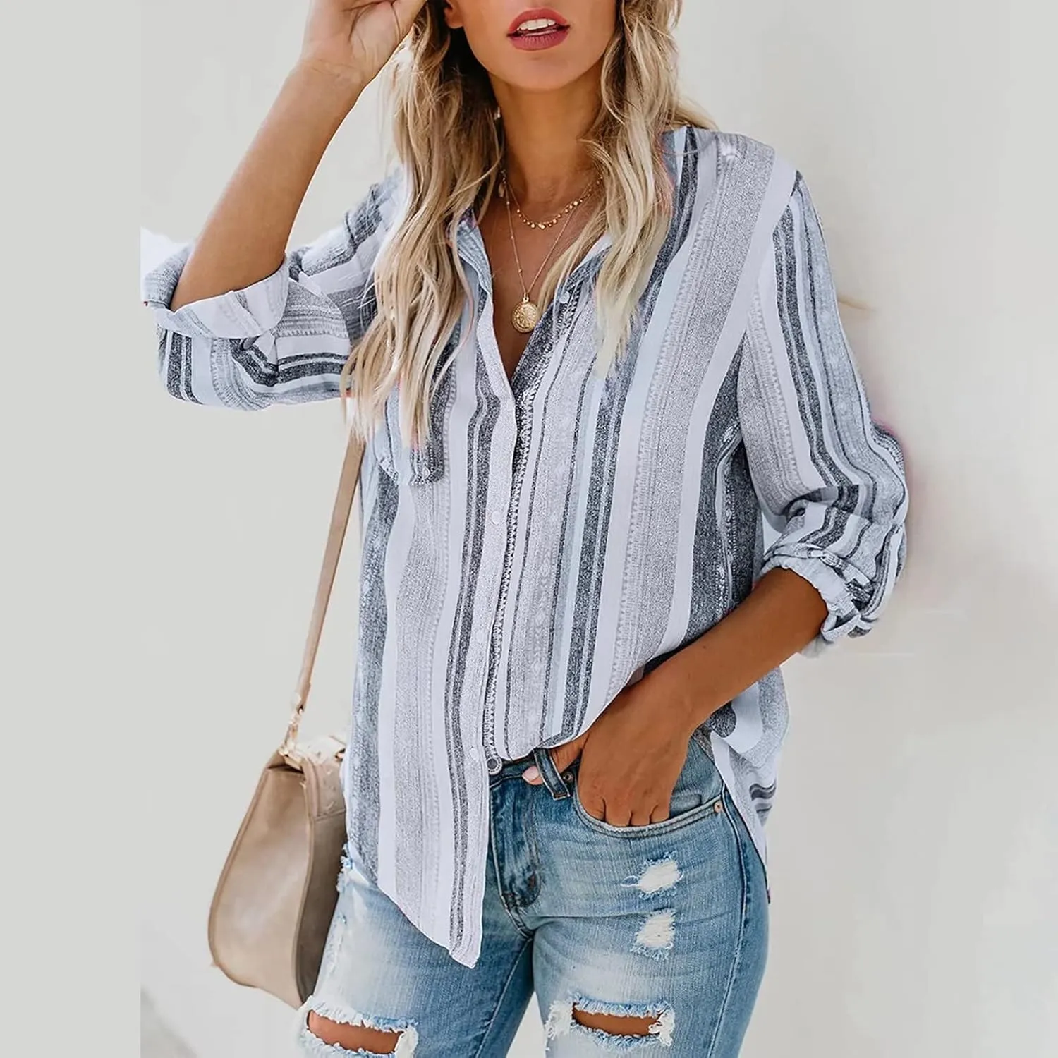 Women Button Down Shirts Cotton Linen Casual Collar Blouses Stripes Long Sleeve Shirts Comfy Fall Outfits 2024
