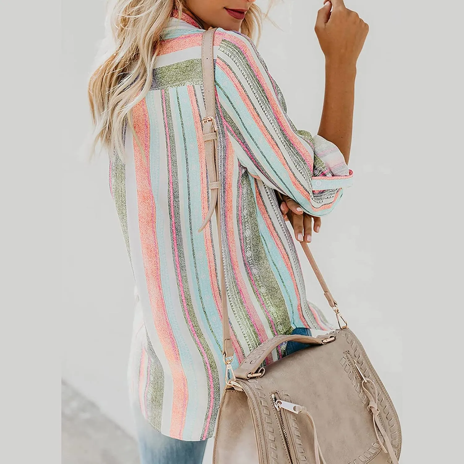 Women Button Down Shirts Cotton Linen Casual Collar Blouses Stripes Long Sleeve Shirts Comfy Fall Outfits 2024