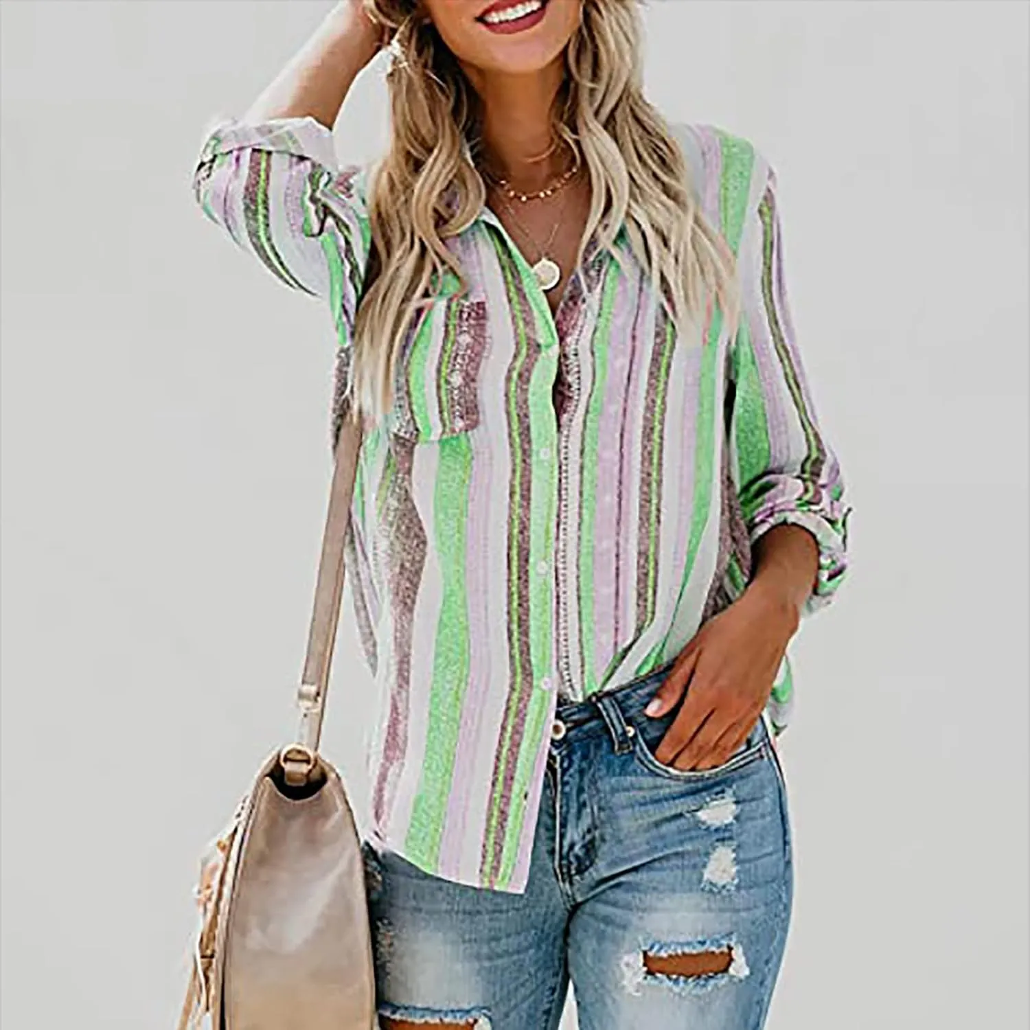 Women Button Down Shirts Cotton Linen Casual Collar Blouses Stripes Long Sleeve Shirts Comfy Fall Outfits 2024