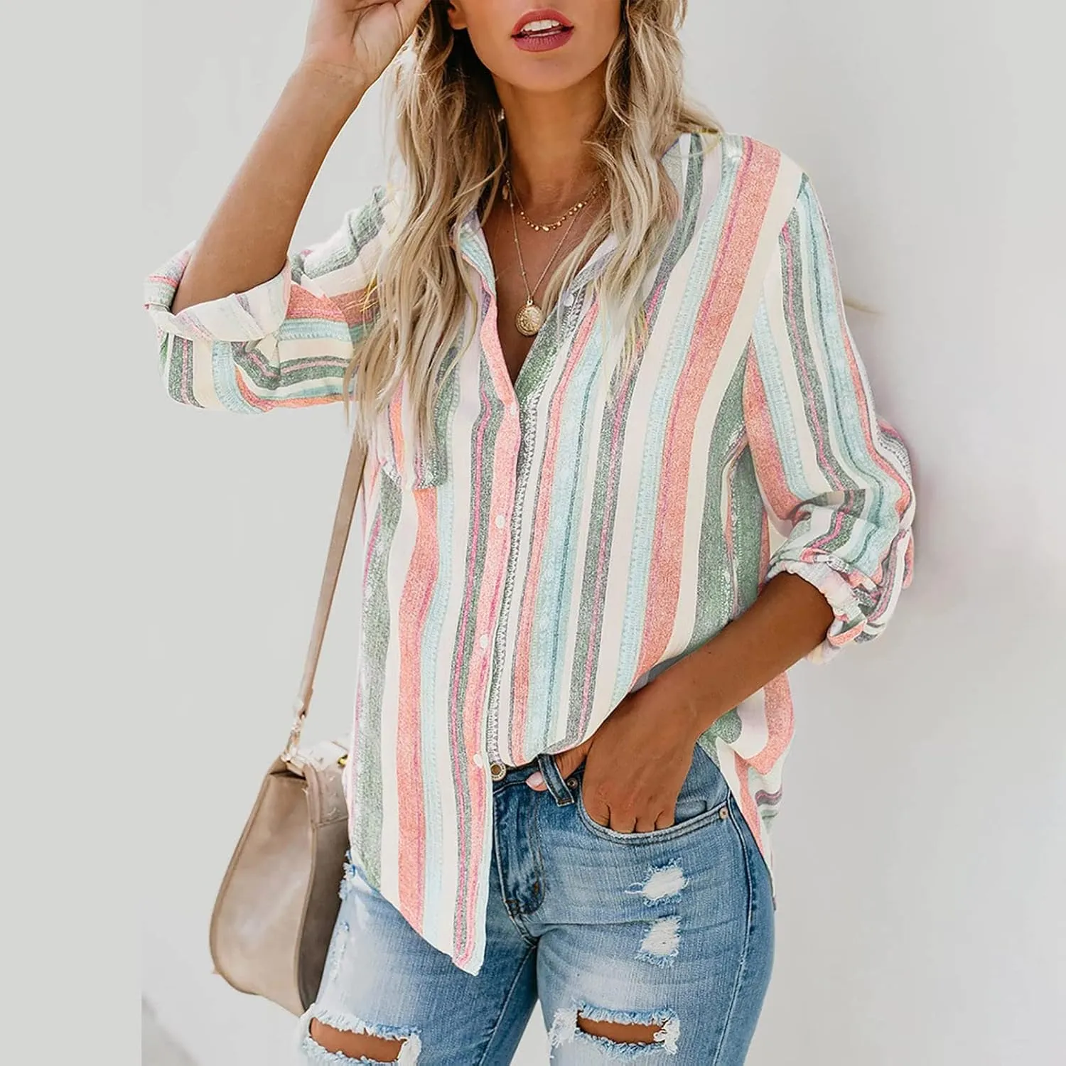 Women Button Down Shirts Cotton Linen Casual Collar Blouses Stripes Long Sleeve Shirts Comfy Fall Outfits 2024