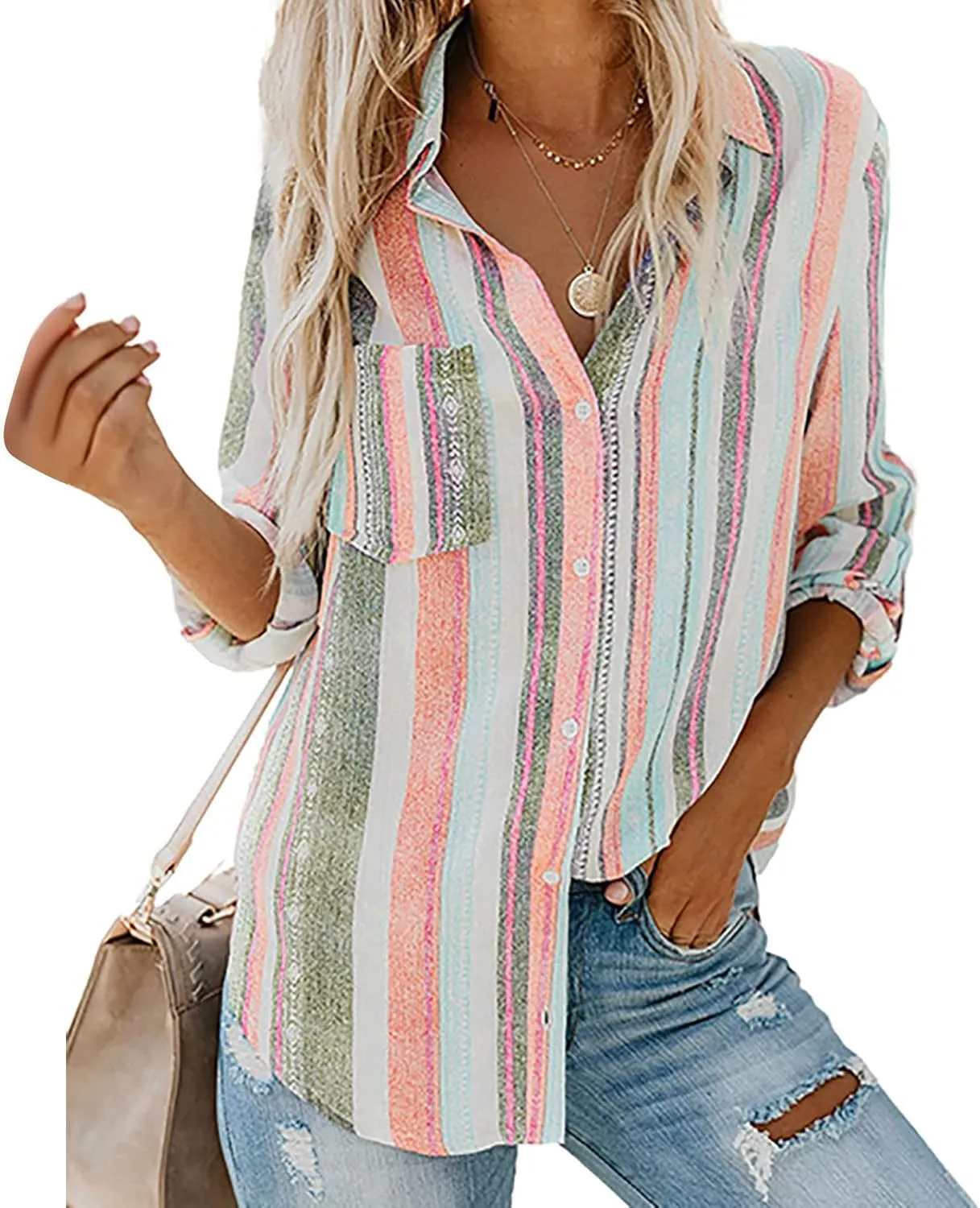 Women Button Down Shirts Cotton Linen Casual Collar Blouses Stripes Long Sleeve Shirts Comfy Fall Outfits 2024