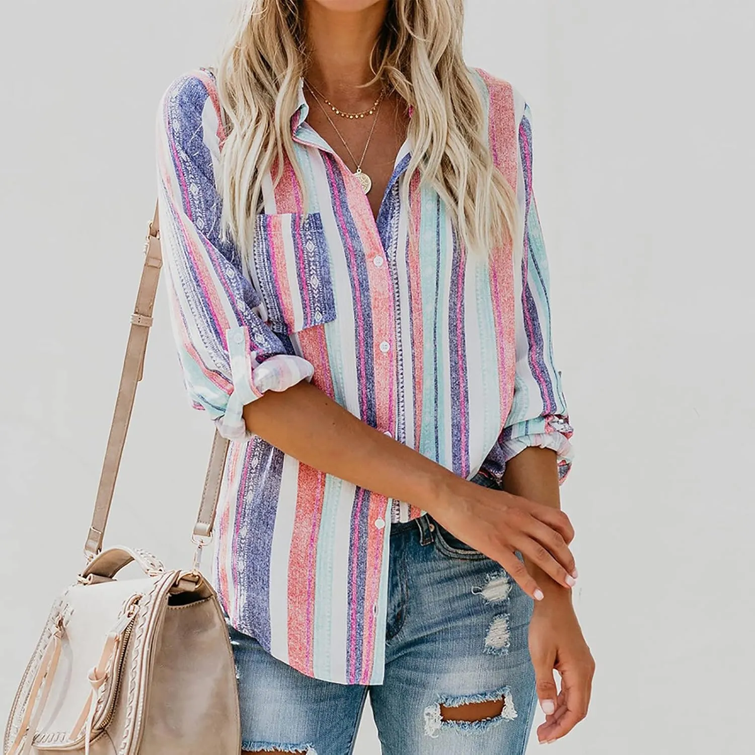 Women Button Down Shirts Cotton Linen Casual Collar Blouses Stripes Long Sleeve Shirts Comfy Fall Outfits 2024