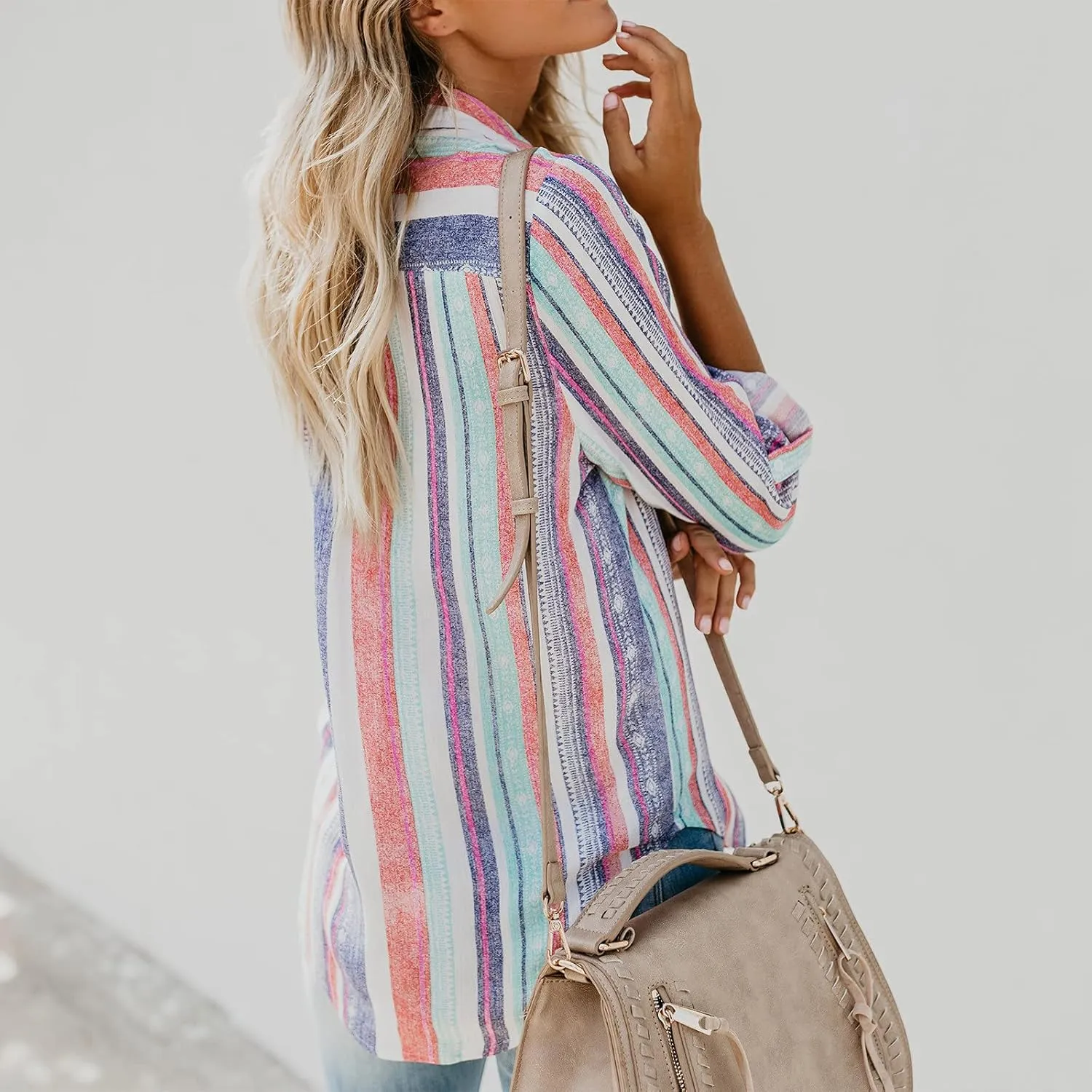 Women Button Down Shirts Cotton Linen Casual Collar Blouses Stripes Long Sleeve Shirts Comfy Fall Outfits 2024