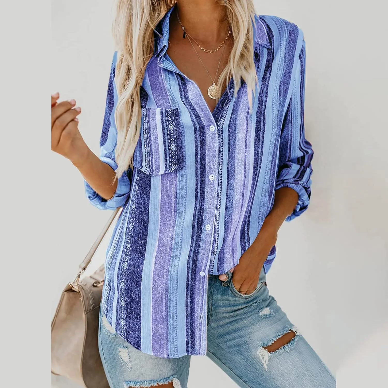 Women Button Down Shirts Cotton Linen Casual Collar Blouses Stripes Long Sleeve Shirts Comfy Fall Outfits 2024