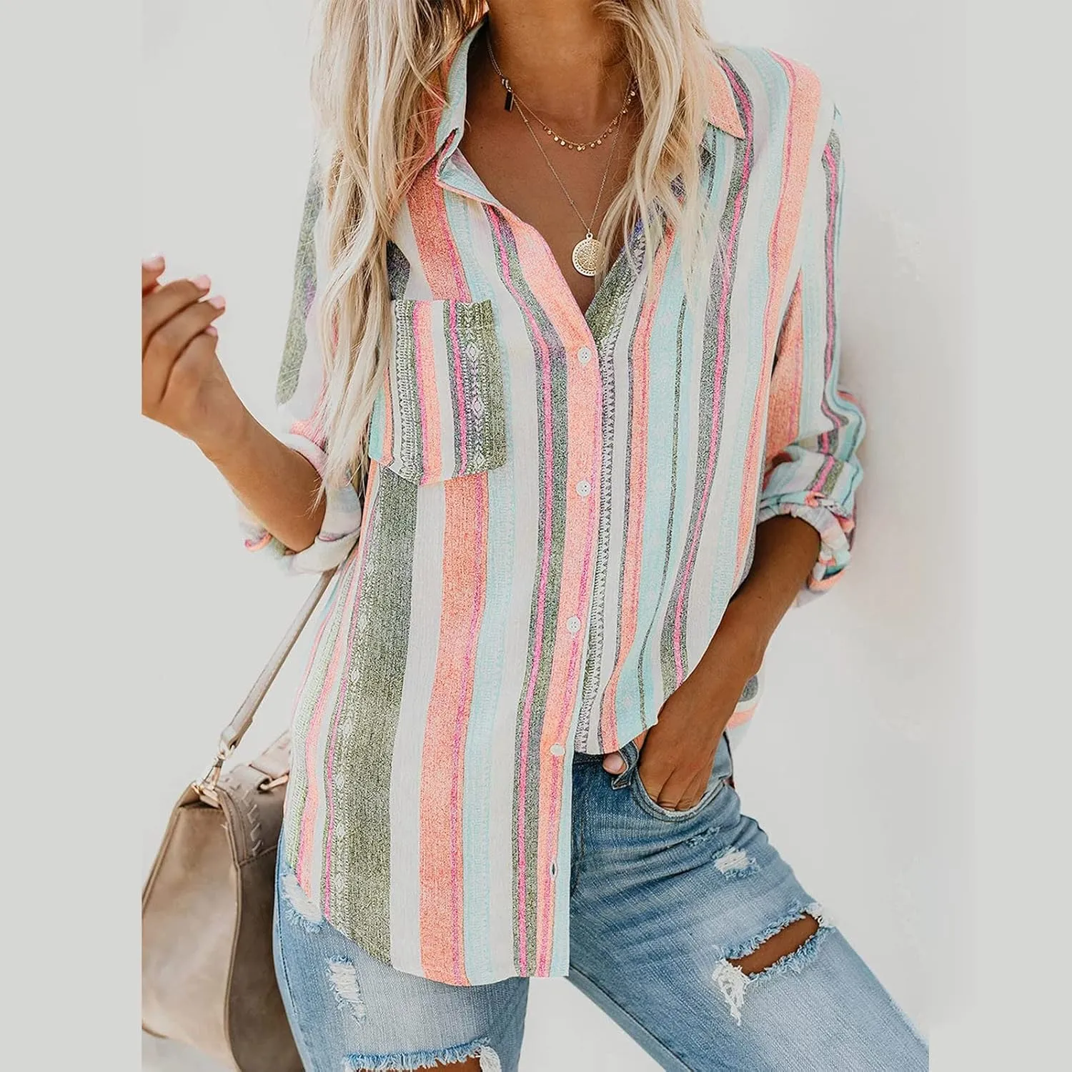 Women Button Down Shirts Cotton Linen Casual Collar Blouses Stripes Long Sleeve Shirts Comfy Fall Outfits 2024