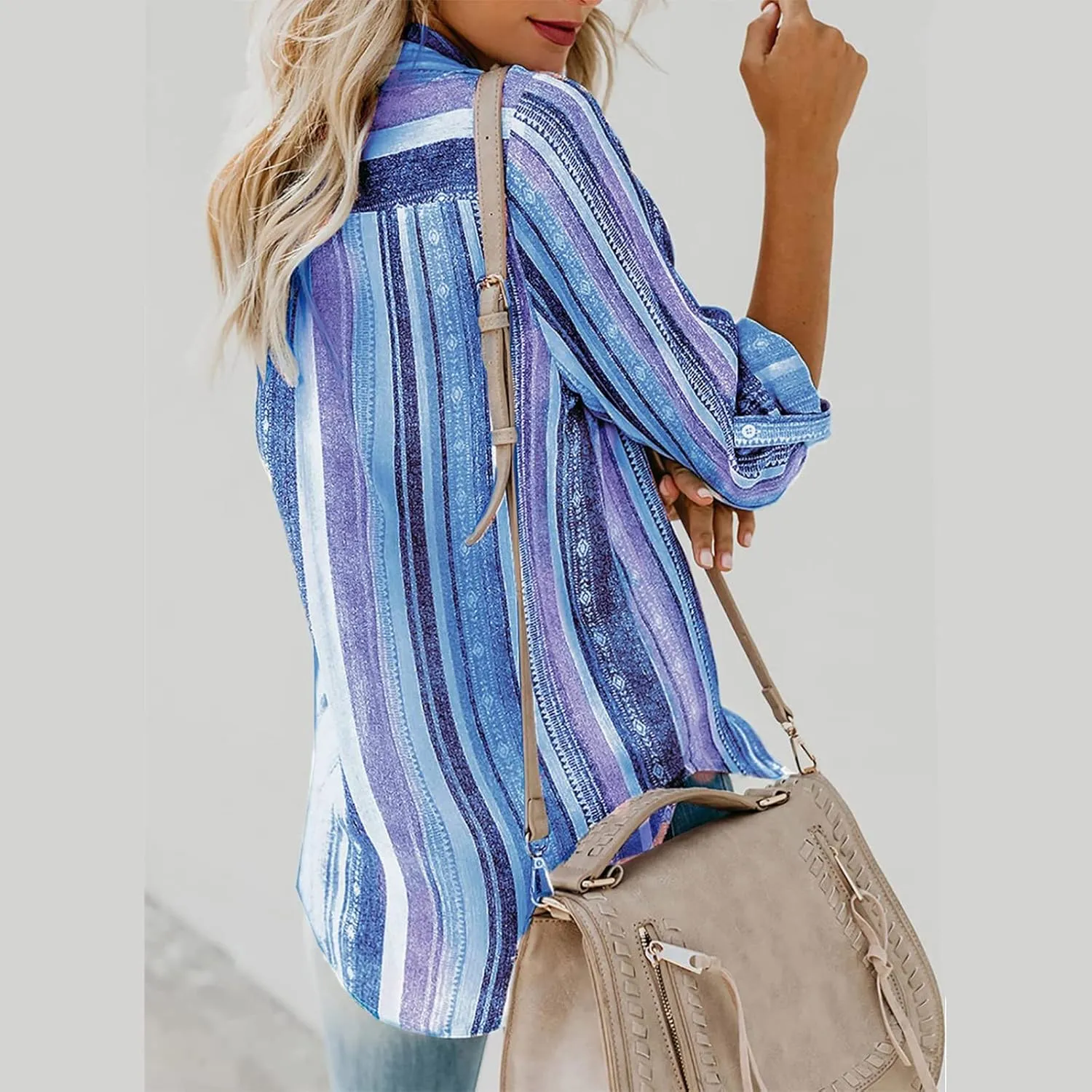 Women Button Down Shirts Cotton Linen Casual Collar Blouses Stripes Long Sleeve Shirts Comfy Fall Outfits 2024