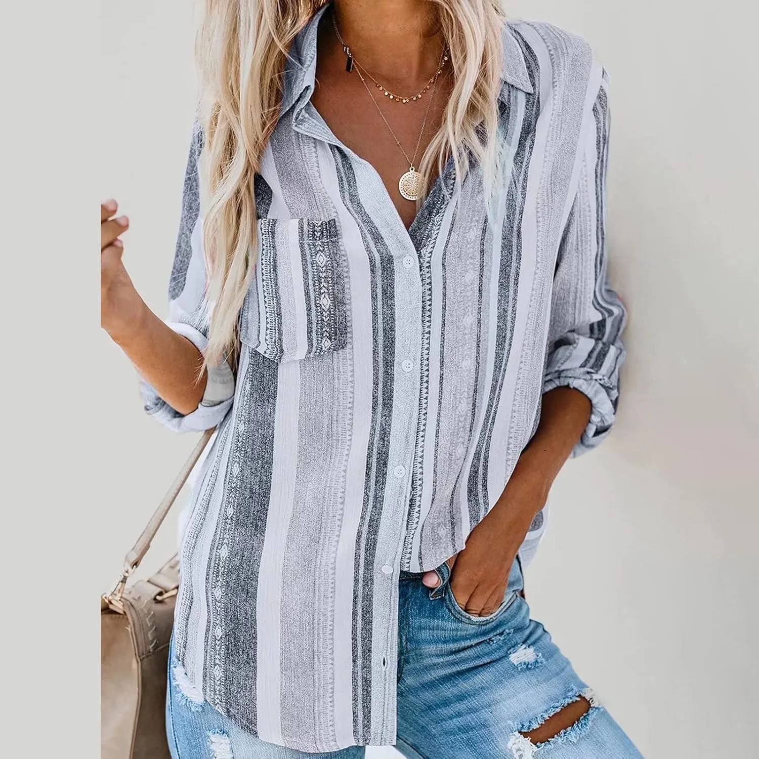 Women Button Down Shirts Cotton Linen Casual Collar Blouses Stripes Long Sleeve Shirts Comfy Fall Outfits 2024
