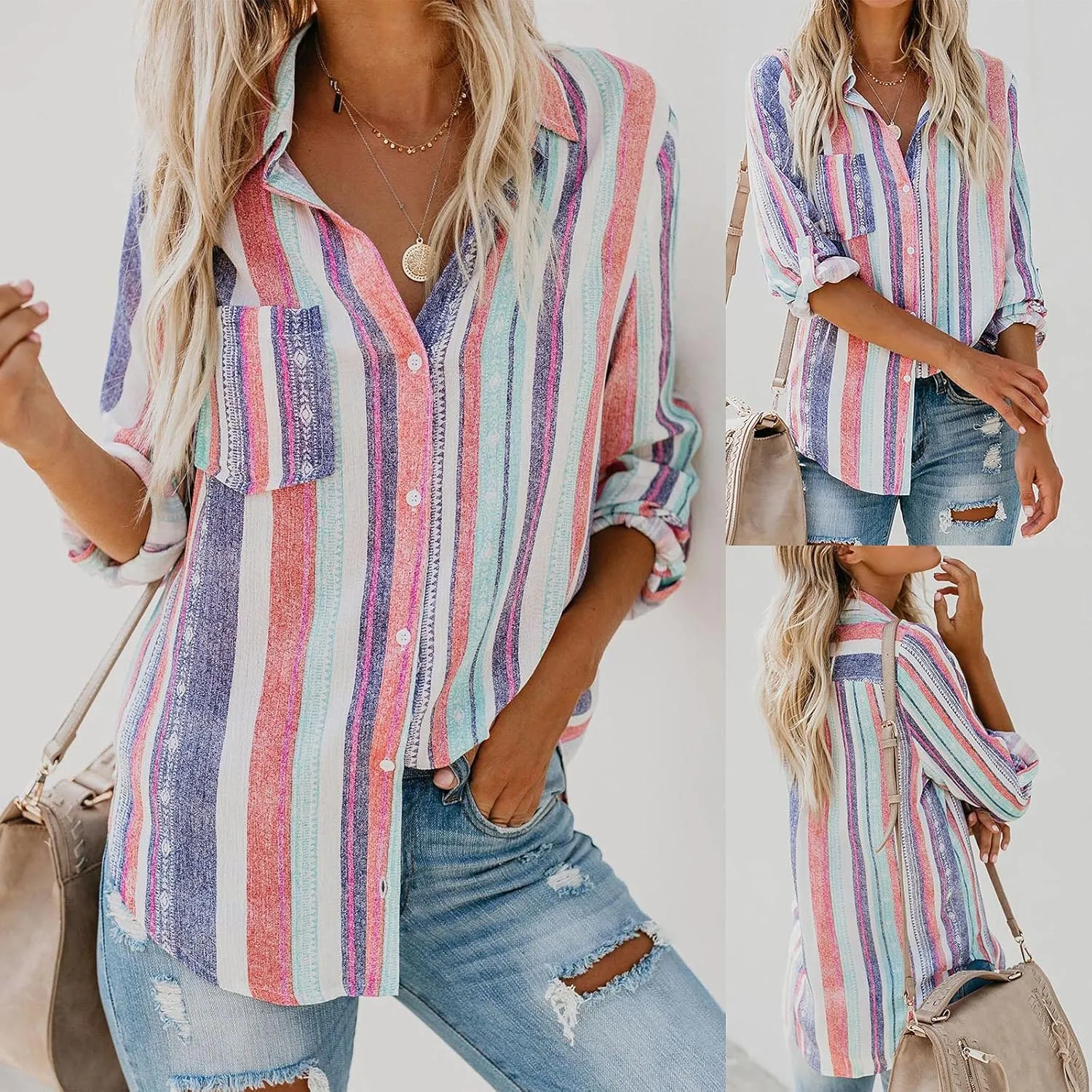 Women Button Down Shirts Cotton Linen Casual Collar Blouses Stripes Long Sleeve Shirts Comfy Fall Outfits 2024