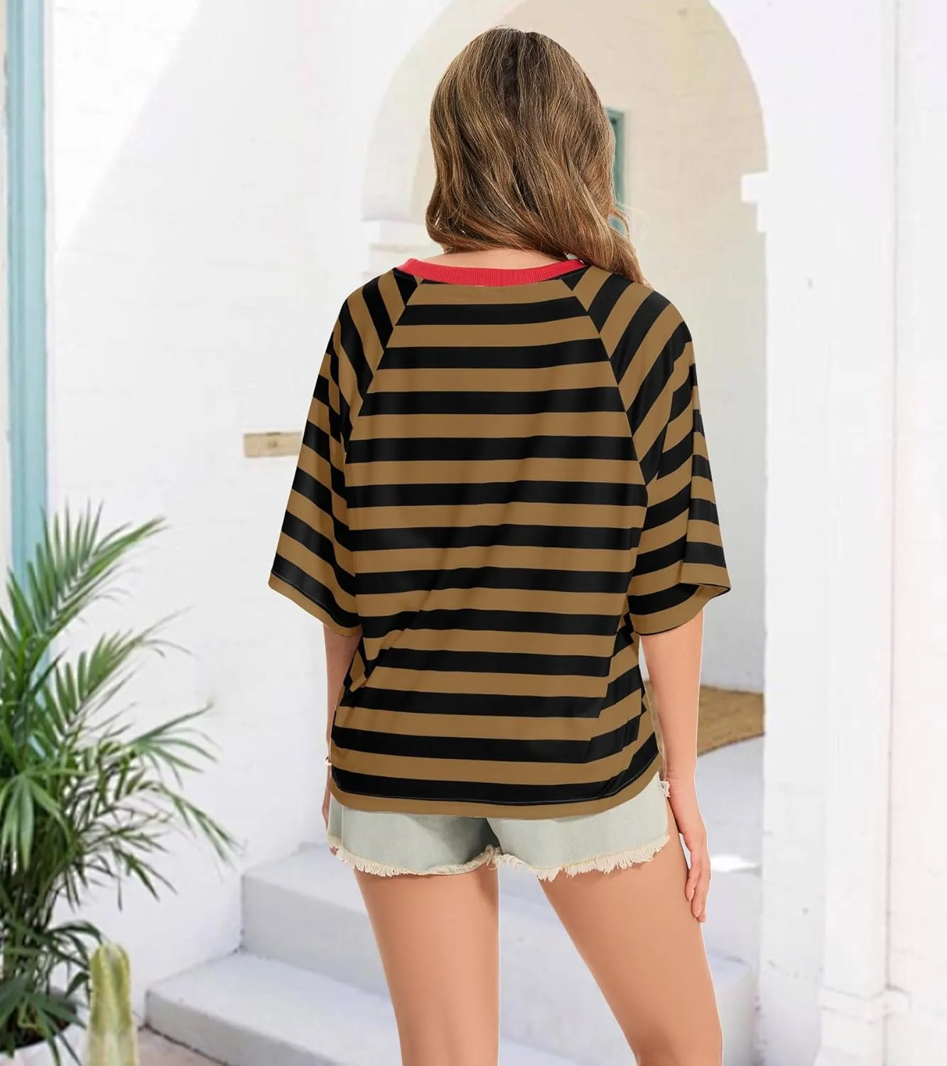 Women Color Block Oversized Striped T-Shirts Short Sleeve Crew Neck Top Basic Casual Tee Shirts Summer Loose Shirts