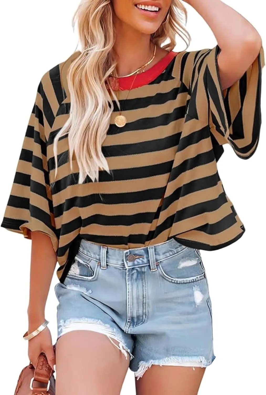 Women Color Block Oversized Striped T-Shirts Short Sleeve Crew Neck Top Basic Casual Tee Shirts Summer Loose Shirts