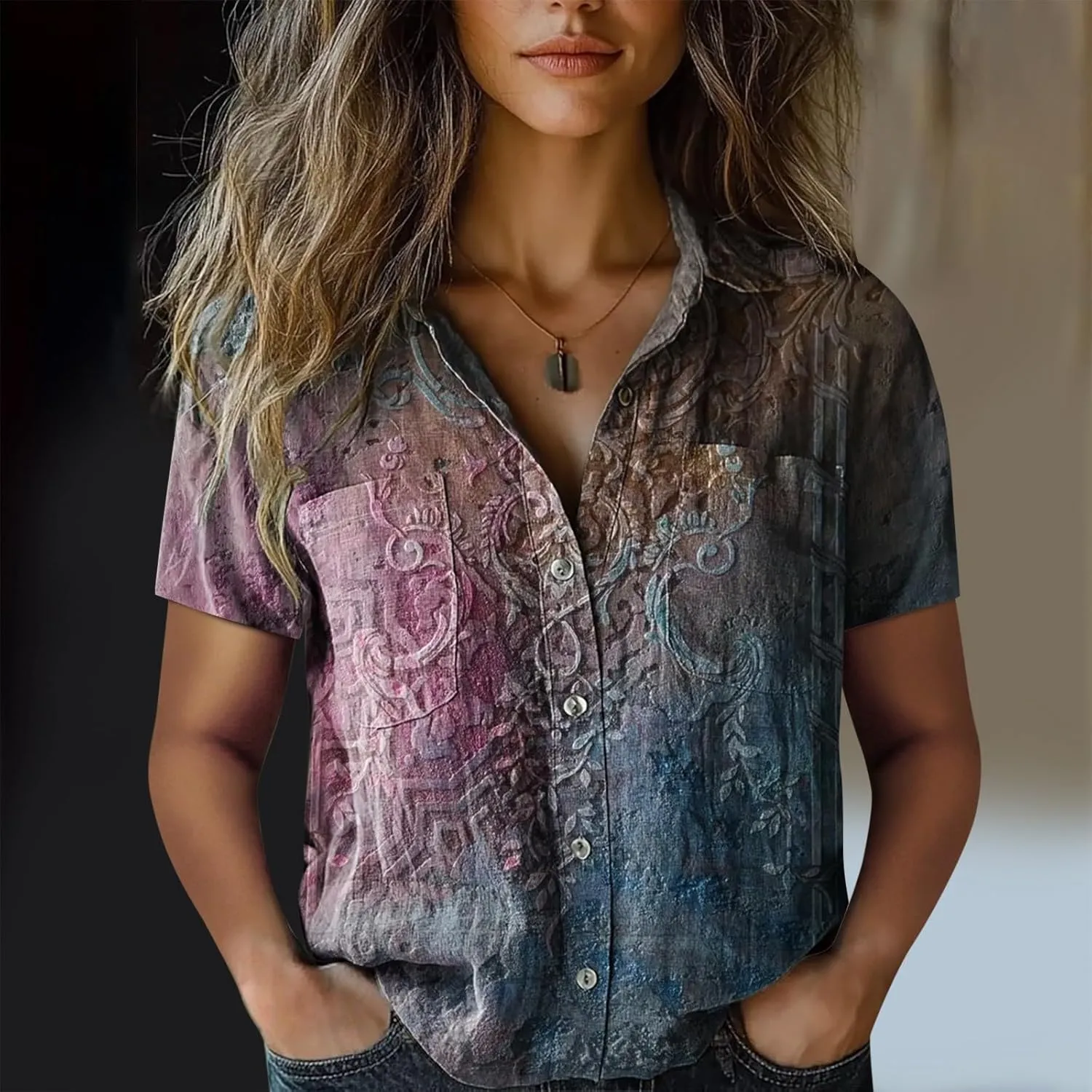 Women Linen Shirts Button Down Colorful Stripe Print V Neck Collared Tops Daily t Shirts Summer Shirts for Women 2025