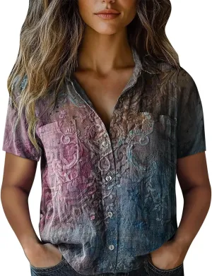Women Linen Shirts Button Down Colorful Stripe Print V Neck Collared Tops Daily t Shirts Summer Shirts for Women 2025