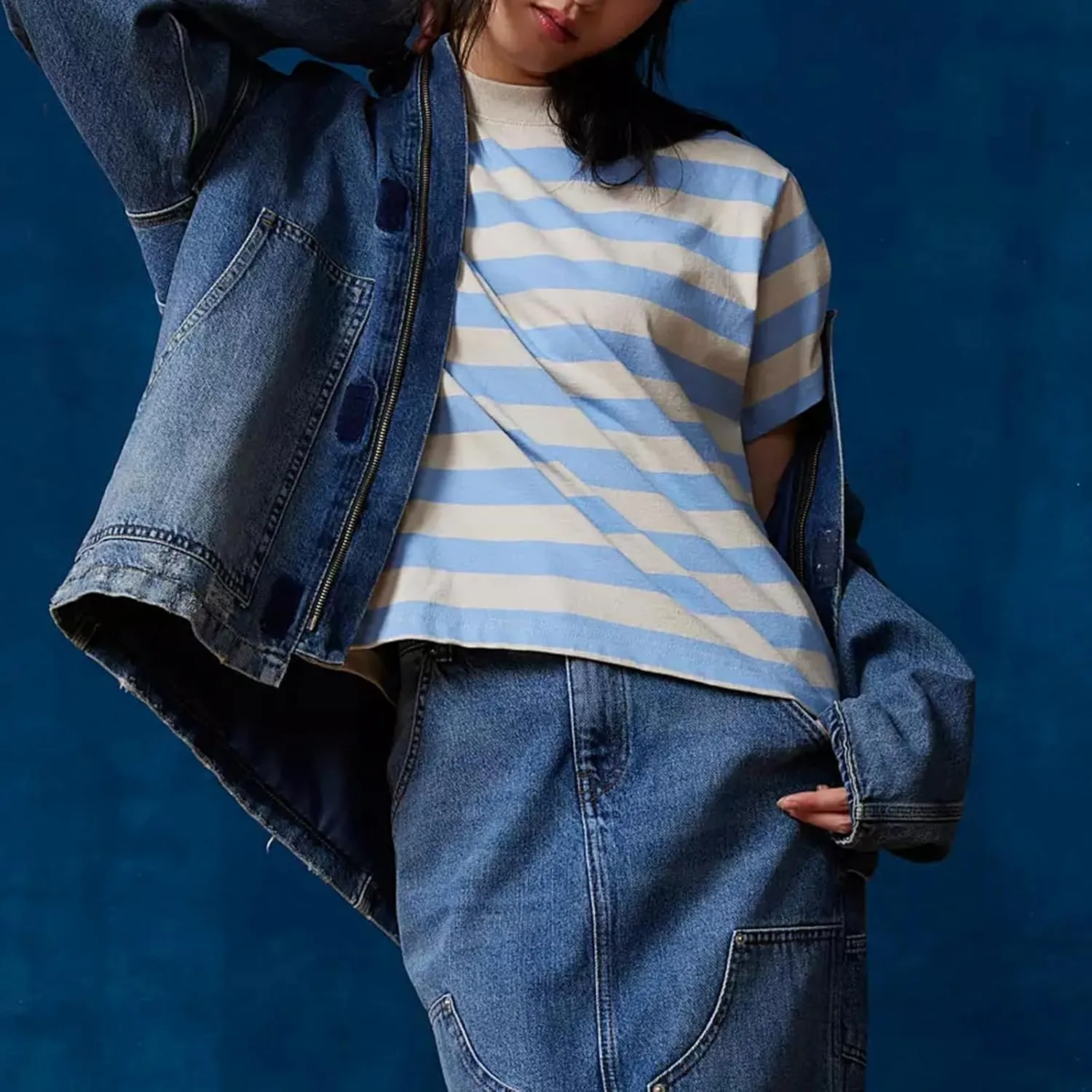 Women Oversized Striped T Shirt Crewneck Short Sleeve Color Black Shirts Loose Fit Summer Boxy Tops